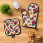 Rosa rote Blume auf Tan Stripes Ofenhandschuh & Topflappen-Set (Oben Unten)