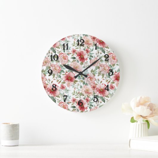 Rosa rote Blumen Große Wanduhr (Zuhause)