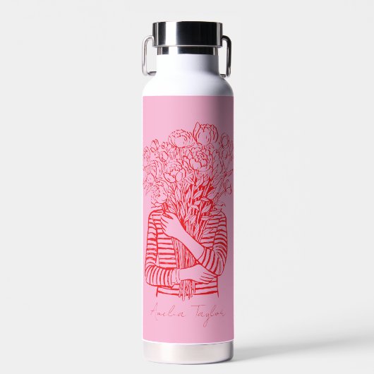 Rosa rote Blumenmädchen-Illustration Personalisier Trinkflasche (Vorne)