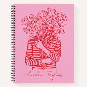 Rosa rote Blumenskizze-Trendy Personalisiert Notizblock