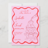 Rosa Rote Champagner Tower Wavy Hand Drawn Wedding Einladung (Vorderseite)