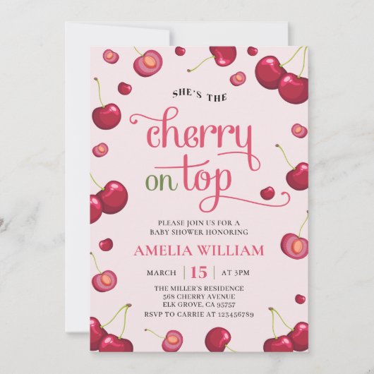 Rosa rote Coquette Cherry auf Top Baby Dusche Einladung (Vorderseite)