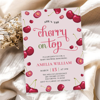 Rosa rote Coquette Cherry auf Top Baby Dusche Einladung