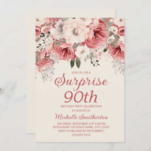 Rosa Rote Creme Wasserfarben Blumenüberraschung 90 Einladung (Vorne/Hinten)