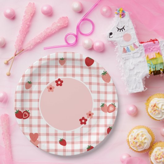 Rosa, Rote Erdbeere und Blume Pappteller (Party)