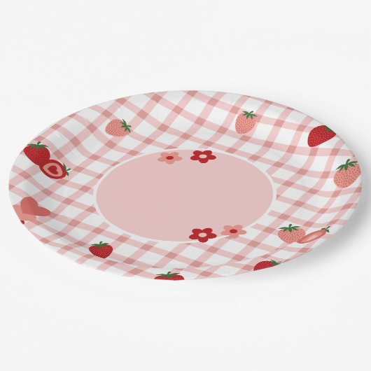 Rosa, Rote Erdbeere und Blume Pappteller (Schrägansicht)