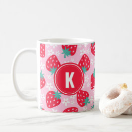 Rosa rote Erdbeeren Blumenmuster Monogramm Kaffeetasse