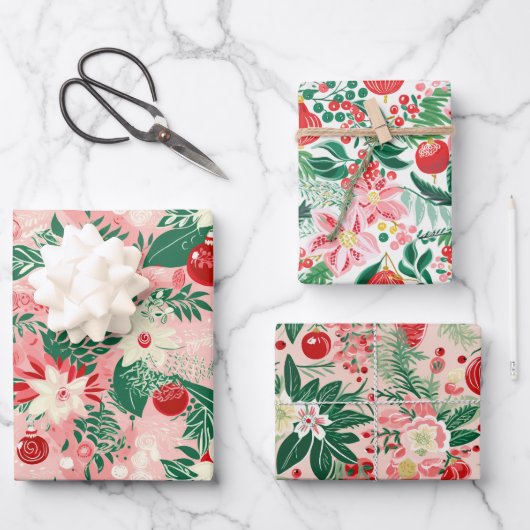 Rosa Rote Flora Weihnachten Geschenkpapier Set (Vorderseite)
