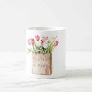 Rosa rote gelbe weiße Tulpenblumen im Beutel Kaffeetasse