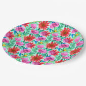 Rosa, rote, grüne Blume Pappteller (Schrägansicht)