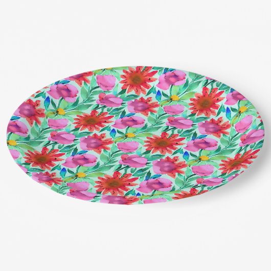 Rosa, rote, grüne Blume Pappteller (Schrägansicht)