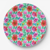 Rosa, rote, grüne Blume Pappteller (Vorderseite)