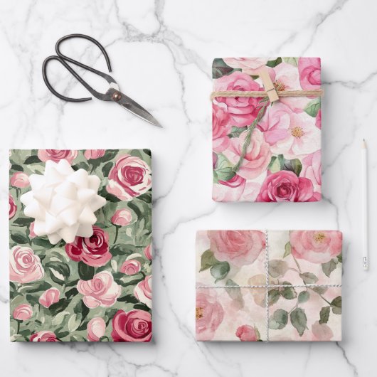 Rosa rote grüne Rosen Floral Junggesellinnenabschi Geschenkpapier Set (Vorderseite)