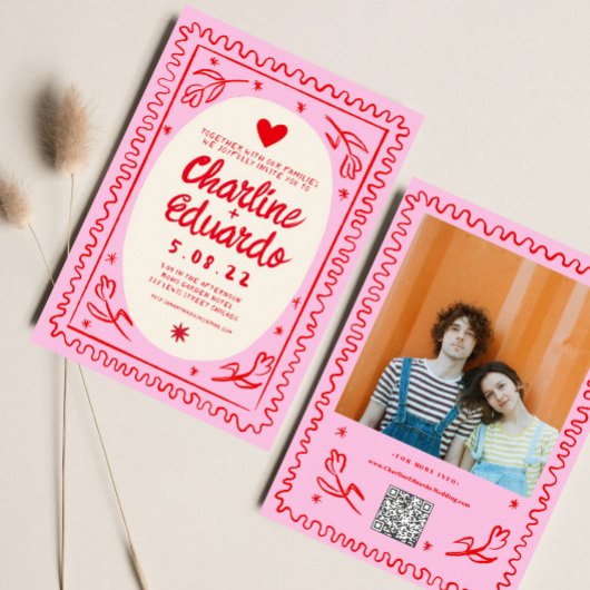 Rosa, rote Hand gezeichnete Wavy Retro-Hochzeit Einladung