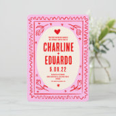 Rosa, rote Hand gezeichnete Wavy Retro-Hochzeit Einladung (Stehend Vorderseite)