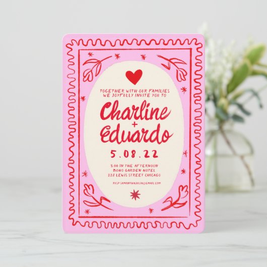 Rosa, rote Hand gezeichnete Wavy Retro-Hochzeit Einladung (Stehend Vorderseite)
