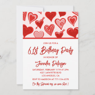Rosa rote Herzen Muster Einfach 61. Geburtstag  Einladung