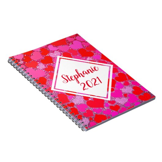 rosa rote Herzmuster Glitzer Monogram Name Notizblock (Rechte Seite)