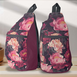Rosa rote Naturblumen im Vintage-Muster, Monogramm Crossbody Bag