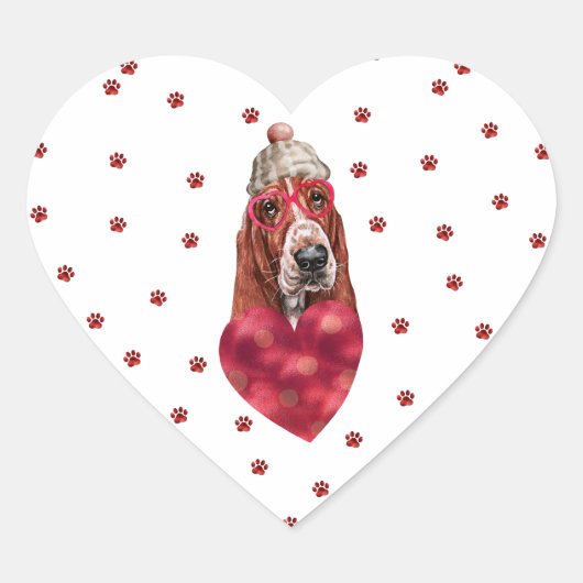 Rosa rote Paws Herz Basset Hound Hunde Valentine Herz-Aufkleber (Vorderseite)