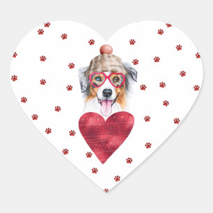 Rosa rote Pfoten Australian Shepherd Hund Valentin Herz-Aufkleber