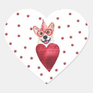 Rosa rote Pfoten Corgi Hund Valentinstag Herz-Aufkleber