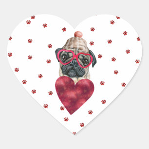 Rosa rote Pfoten Herz Mops Hund Valentinstag Herz-Aufkleber