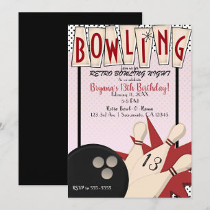 Rosa Rote Retro Bowling Kugel Nacht Geburtstagsfei Einladung