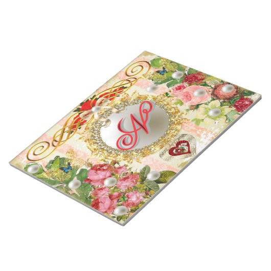 Rosa Rote Rose Blauer Schmetterling Silberperle Da Notizblock (angewinkelt)