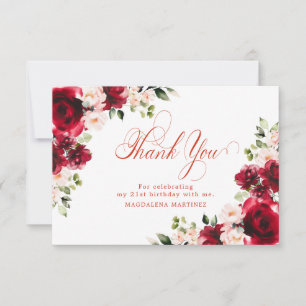 Rosa Rote Rose Floral 21. Geburtstag Personalisier Dankeskarte