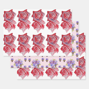 Rosa Rote Rose Rose Blume Aquarellmalerei Kunst Geschenkpapier Set
