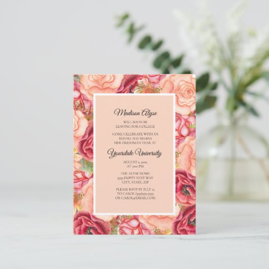 Rosa Rote Rosen / Blumenkohle Uni Party Einladungspostkarte (Stehend Vorderseite)