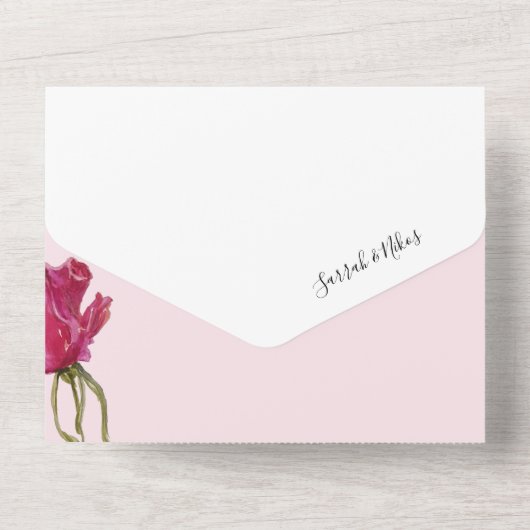 Rosa Rote Rosen Wasserfarben Handgestrichen All In One Einladung (Rückseite)