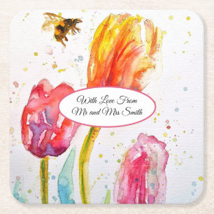 Rosa rote Tulpe und Biene Aquarellmalerei Hochzeit Rechteckiger Pappuntersetzer