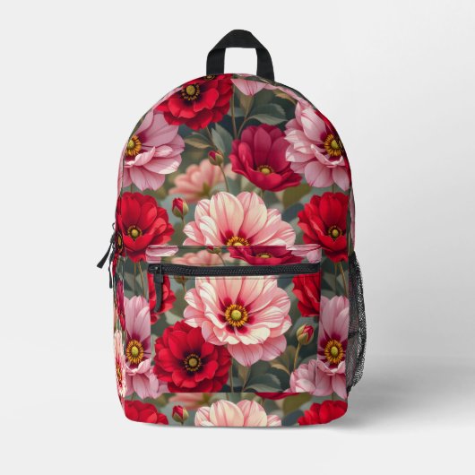 Rosa, rote und mauvefarbene Blumen  Bedruckter Rucksack (Vorderseite)