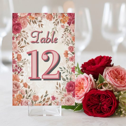 Rosa & Rote Vintage-Frühlingsblumen-Hochzeit Tischnummer