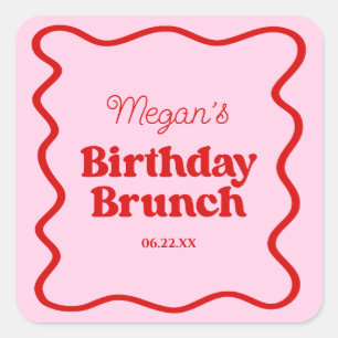 Rosa rote wellige Rand Geburtstags-Brunch-Party Quadratischer Aufkleber