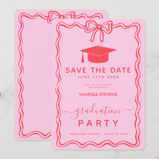 Rosa Roter Abschluss Wavy Save the Date Einladung (Vorne/Hinten)