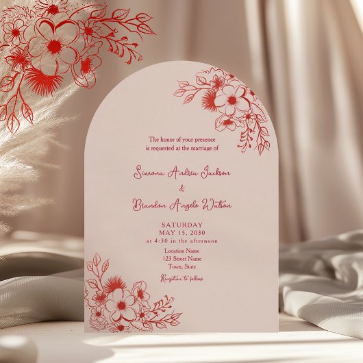 Rosa roter floraler QR-Code Hochzeit Einladung