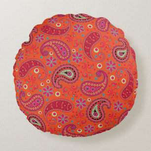 rosa roter orangefarbener Paisley-Muster, Boho-Pai Rundes Kissen