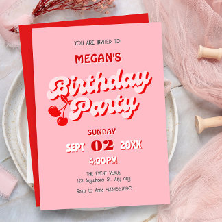 Rosa roter Retro Groovy Kirsche Geburtstag Einladung