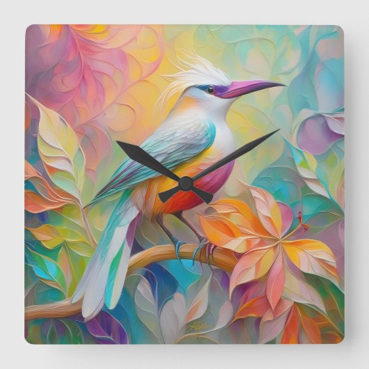 Rosa Roter Vogel Quadratische Wanduhr (Vorderseite)