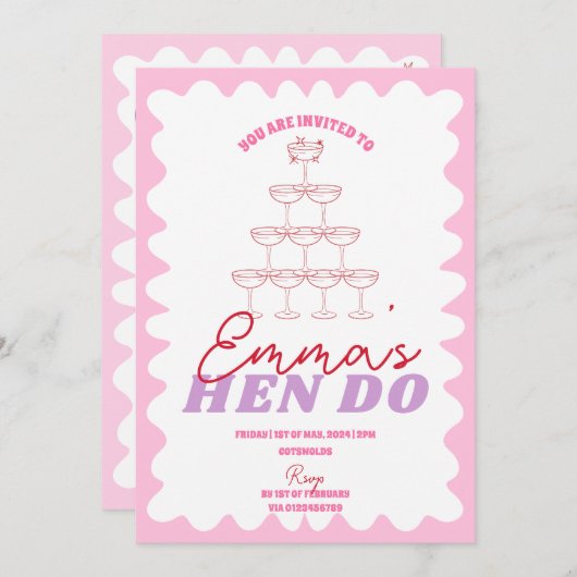 Rosa Roter Wavy Junggeselinnen-Abschied Hen Itiner Einladung (Vorne/Hinten)