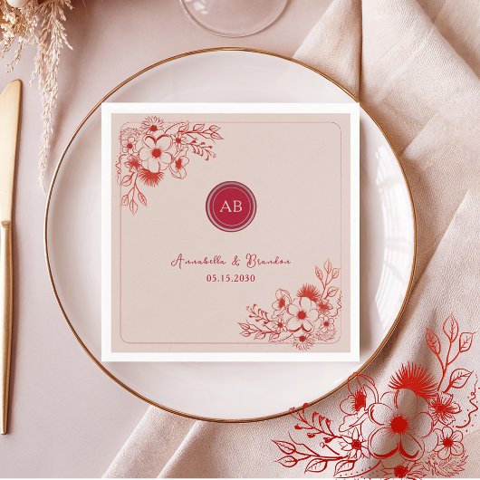 Rosa rotes florales Monogramm Hochzeit Serviette
