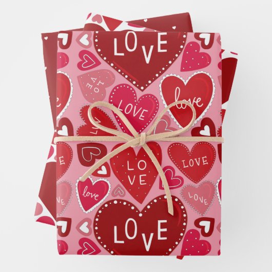 Rosa rotes Herz Umhüllungspapier Flachblatt Set 3 Geschenkpapier Set (Beispiel)