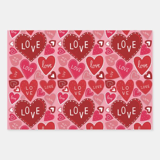 Rosa rotes Herz Umhüllungspapier Flachblatt Set 3 Geschenkpapier Set (Vorderseite)