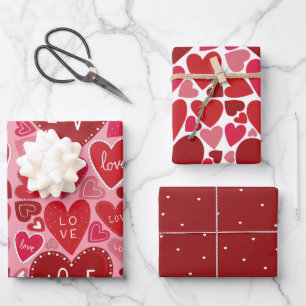 Rosa rotes Herz Umhüllungspapier Flachblatt Set 3 Geschenkpapier Set