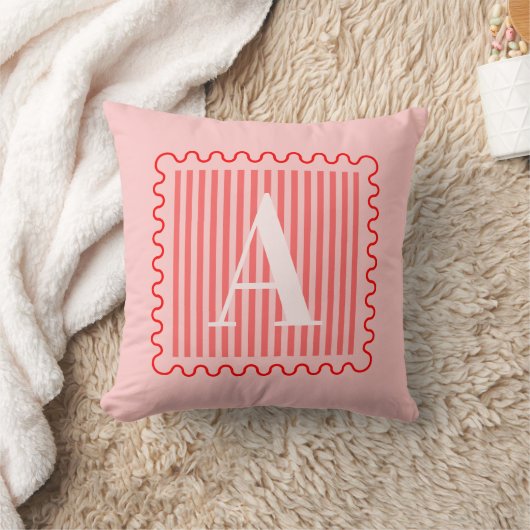 Rosa rotes Monogramm Preppy-Bordüre Kissen (Decke)