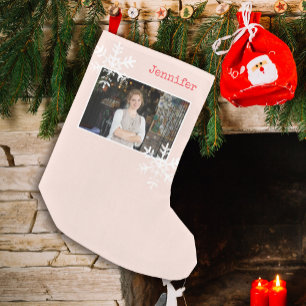 Rosa-rötlicher rustikaler Schneefloh-Custom-Foto Kleiner Weihnachtsstrumpf