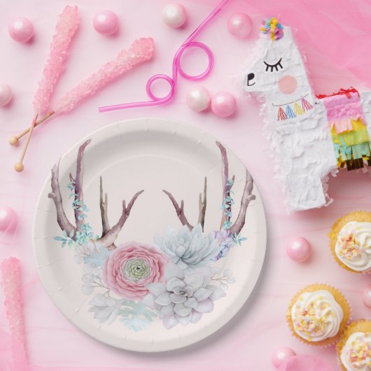 Rosa Rotwild-Geweih-Blumensucculent-Garten Pappteller (Party)